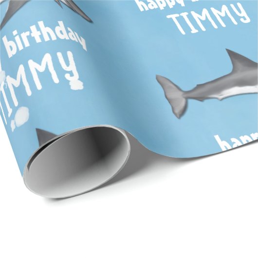 Happy Birthday Whimsical Blue Ocean Sharks Fun Cadeaupapier (Rol Hoek)