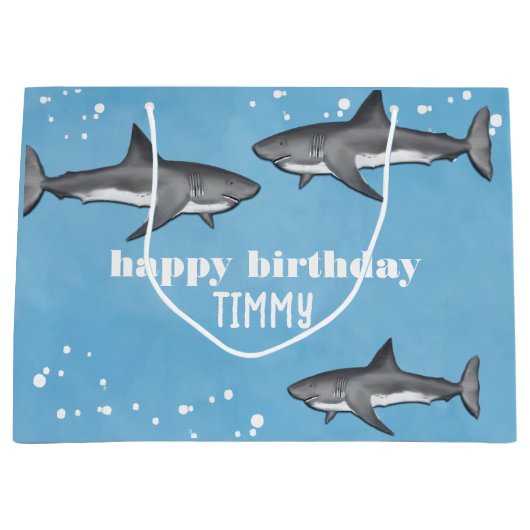 Happy Birthday Whimsical Blue Ocean Sharks Fun Groot Cadeauzakje (Voorkant)