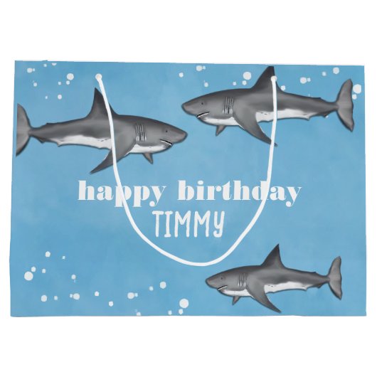 Happy Birthday Whimsical Blue Ocean Sharks Fun Groot Cadeauzakje (Achterkant)
