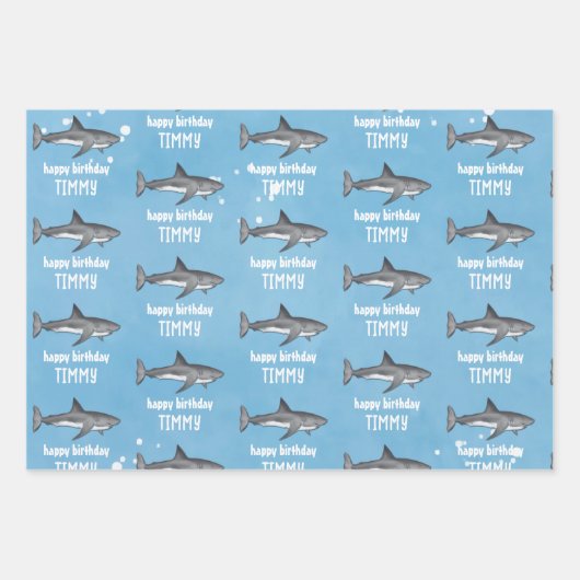 Happy Birthday Whimsical Blue Ocean Sharks Fun Inpakpapier Vel (Voorkant)