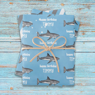 Happy Birthday Whimsical Blue Ocean Sharks Fun Inpakpapier Vel