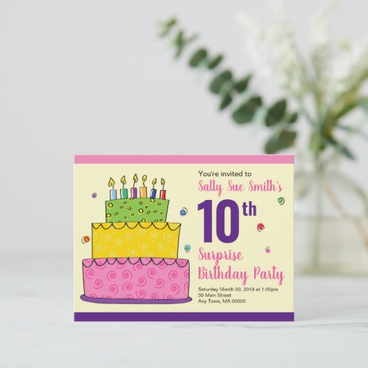Happy Birthday Whimsical Cake Candle Uitnodiging Briefkaart (Staand voorkant)
