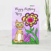 Happy Birthday Whimsical Cat and Flowers Kaart (Voorkant)