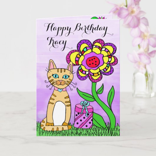 Happy Birthday Whimsical Cat and Flowers Kaart (Orchidee)