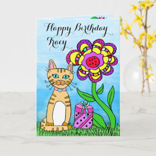 Happy Birthday Whimsical Cat and Flowers Kaart