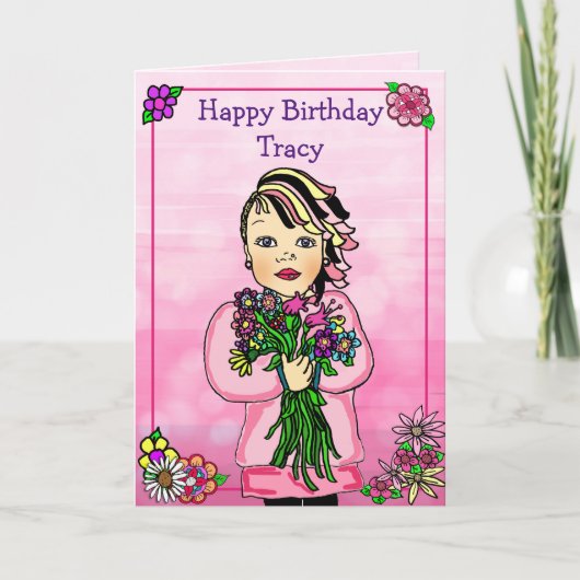 Happy Birthday Whimsical Girl met Flowers Kaart (Voorkant)
