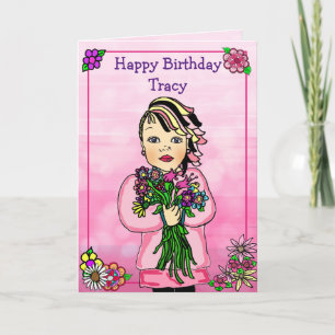 Happy Birthday Whimsical Girl met Flowers Kaart