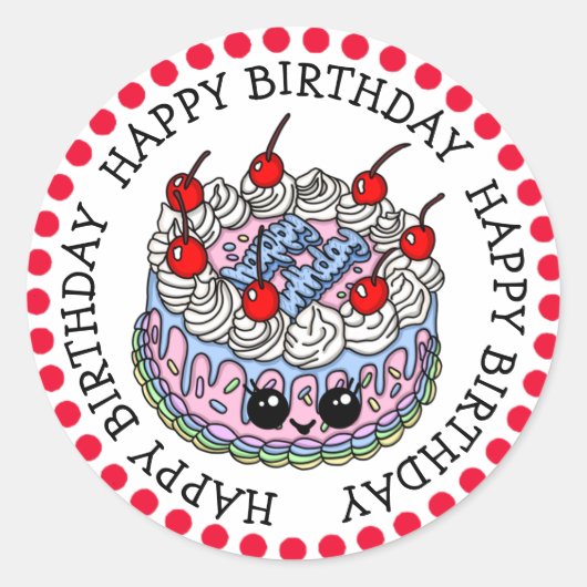 Happy Birthday Whimsical Hand draw Cake Ronde Sticker (Voorkant)