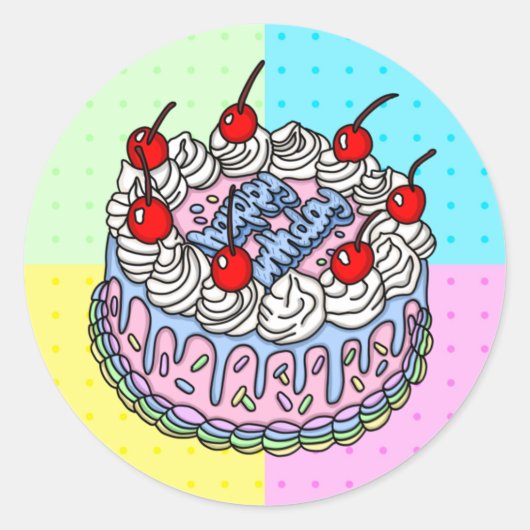 Happy Birthday Whimsical Hand draw Cake Ronde Sticker (Voorkant)