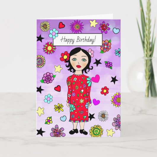 Happy Birthday Whimsical Lady met Flowers Kaart (Voorkant)