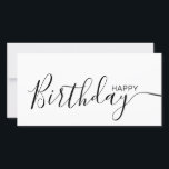 Happy Birthday White Black Modern Flat Card<br><div class="desc">Deze moderne en elegante platte kaart is voorzien van een zwarte Happy Birthday-tekst aan de voorzijde en aan de achterzijde van de kaart die u kunt aanpassen aan de jouw naam of de familienaam. De achtergrond is wit van kleur.</div>