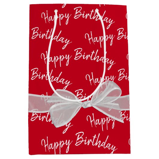 Happy Birthday White Bow op rood Medium Cadeauzakje (Voorkant)