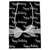 Happy Birthday White Bow op zwart Medium Cadeauzakje (Voorkant)