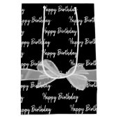 Happy Birthday White Bow op zwart Medium Cadeauzakje (Achterkant)