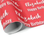 Happy Birthday White Script Naam Bright Red Cadeaupapier (Rol Hoek)