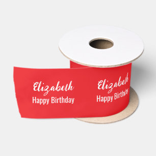 Happy Birthday White Script Naam Bright Red Satijnen Lint