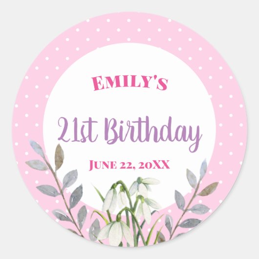 Happy Birthday White Snowdrops Pink Polka Dot Ronde Sticker (Voorkant)