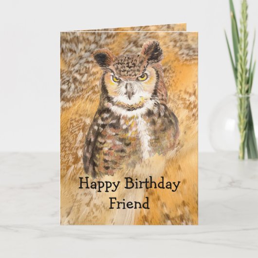 Happy Birthday Wild & Crazy Friend Waterverf Owl Kaart (Voorkant)