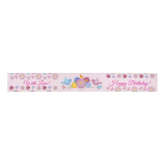 Happy Birthday Wild Flowers Garden Birds Pattern Grosgrain Lint (Voorkant)
