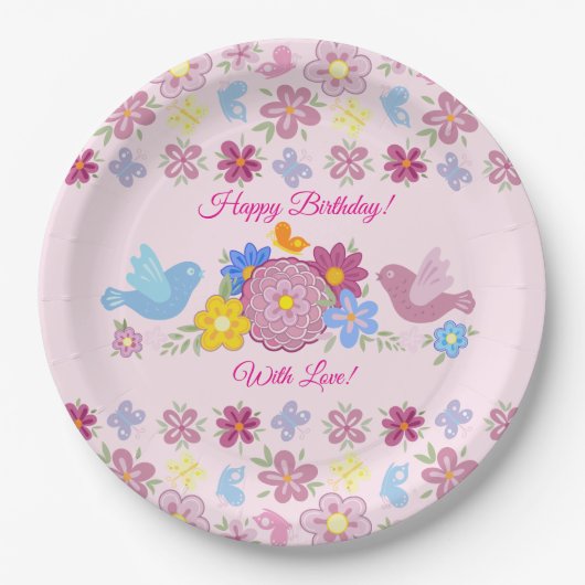 Happy Birthday Wild Flowers Garden Birds Pattern Papieren Bordje (Voorkant)