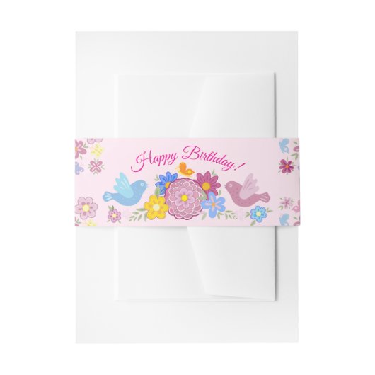 Happy Birthday Wild Flowers Garden Birds Pattern Uitnodigingen Wikkel (Voorkant Voorbeeld)