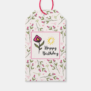Happy Birthday -  wilde bloemen en zon Cadeaulabel