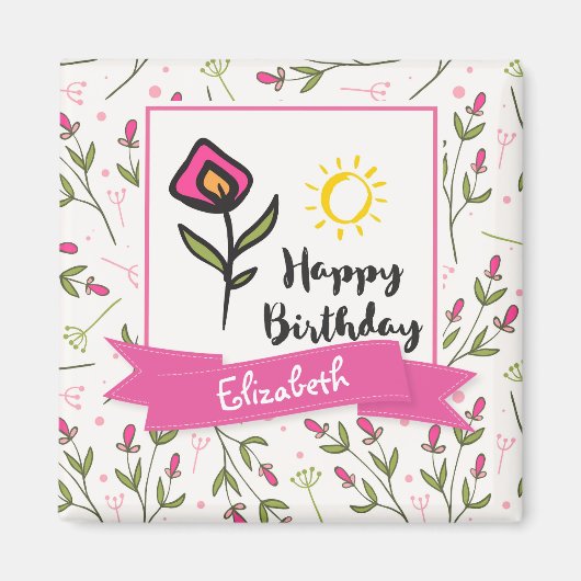 Happy Birthday -  wilde bloemen en zon Magneet (Voorkant)