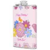 Happy Birthday Wilde Bloemen Tuin Vogels Patroon Heupfles (Links)