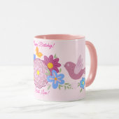 Happy Birthday Wilde Bloemen Tuin Vogels Patroon Mok (Voorkant rechts)