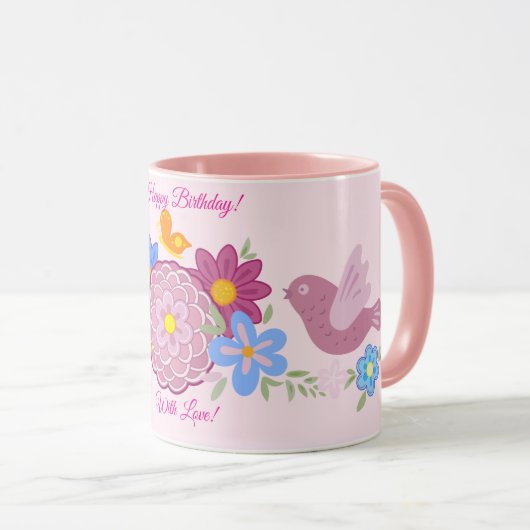 Happy Birthday Wilde Bloemen Tuin Vogels Patroon Mok (Voorkant rechts)