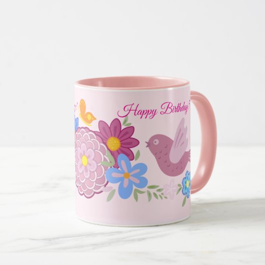 Happy Birthday Wilde Bloemen Tuin Vogels Patroon Mok (Voorkant rechts)