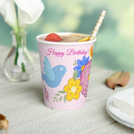 Happy Birthday Wilde Bloemen Tuin Vogels Patroon Papieren Bekers (Insitu)