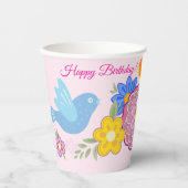 Happy Birthday Wilde Bloemen Tuin Vogels Patroon Papieren Bekers (Voorkant)