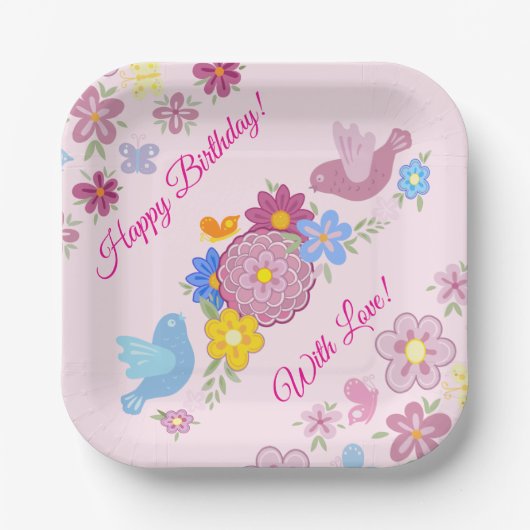 Happy Birthday Wilde Bloemen Tuin Vogels Patroon Papieren Bordje (Voorkant)