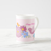 Happy Birthday Wilde Bloemen Tuin Vogels Patroon Porselein Kop (Voorkant rechts)
