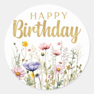 Happy Birthday Wildflower Eenvoudige klassieke Sti Ronde Sticker