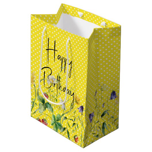 Happy Birthday Wildflowers op Polka Dots Medium Cadeauzakje (Voorkant Gekanteld)