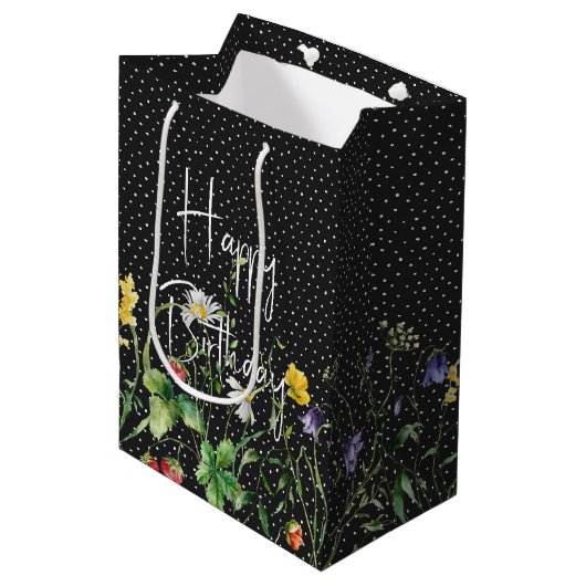 Happy Birthday Wildflowers op Polka Dots Medium Cadeauzakje (Voorkant Gekanteld)