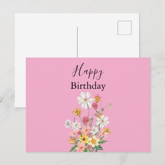 Happy Birthday Wildflowers Roze Briefkaart (Voorkant / Achterkant)