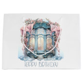 Happy Birthday Winter Blauw Roze Victoriaans raam Groot Cadeauzakje (Voorkant)