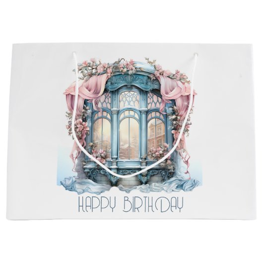 Happy Birthday Winter Blauw Roze Victoriaans raam Groot Cadeauzakje (Voorkant)