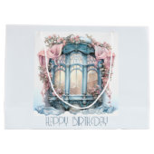 Happy Birthday Winter Blauw Roze Victoriaans raam Groot Cadeauzakje (Achterkant)