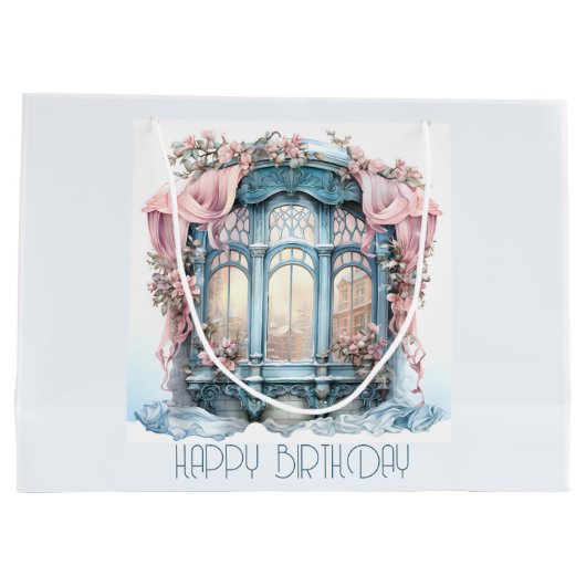 Happy Birthday Winter Blauw Roze Victoriaans raam Groot Cadeauzakje (Achterkant)