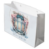 Happy Birthday Winter Blauw Roze Victoriaans raam Groot Cadeauzakje (Achterkant Gekanteld)