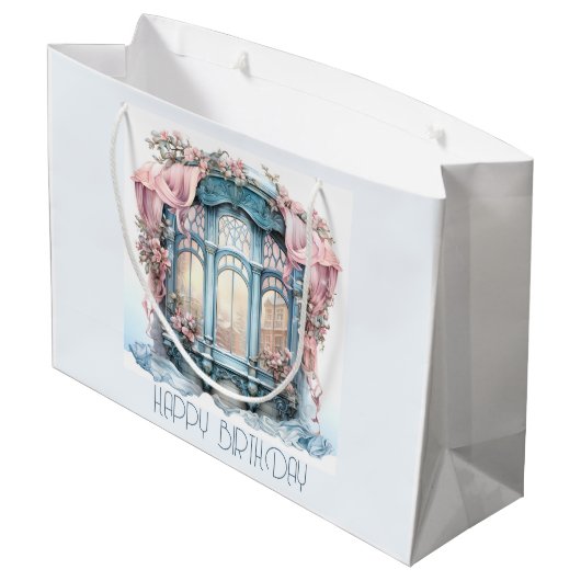 Happy Birthday Winter Blauw Roze Victoriaans raam Groot Cadeauzakje (Achterkant Gekanteld)