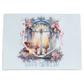 Happy Birthday Winter Blauw Roze Victoriaans raam Groot Cadeauzakje (Voorkant)