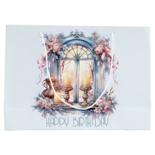 Happy Birthday Winter Blauw Roze Victoriaans raam Groot Cadeauzakje (Achterkant)
