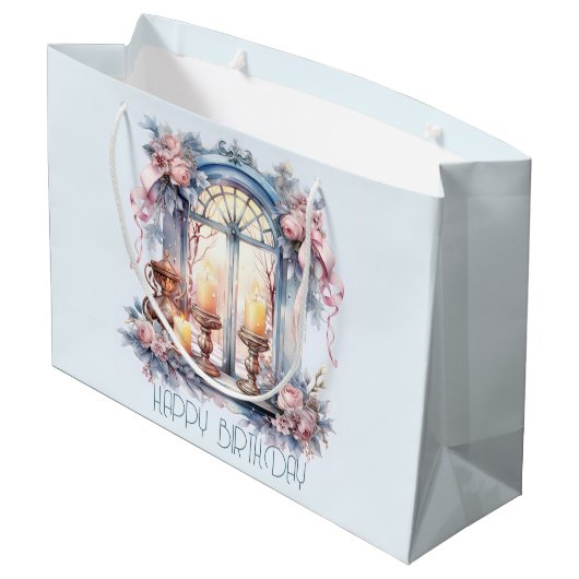Happy Birthday Winter Blauw Roze Victoriaans raam Groot Cadeauzakje (Achterkant Gekanteld)