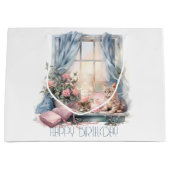 Happy Birthday Winter Blauw Roze Victoriaans raam Groot Cadeauzakje (Voorkant)