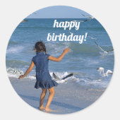 Happy Birthday Wishes Blue Water Beach Foto Ronde Sticker (Voorkant)